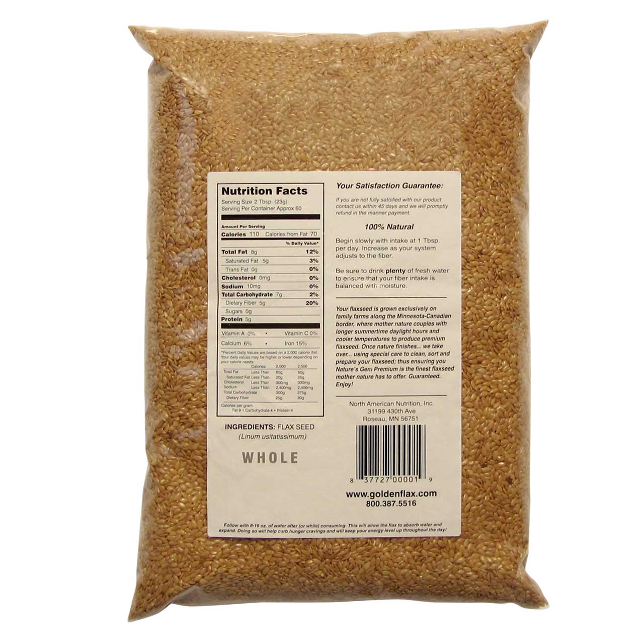 3LB Bag of Whole Golden Flax Nutritional Information from Goldenflax.com