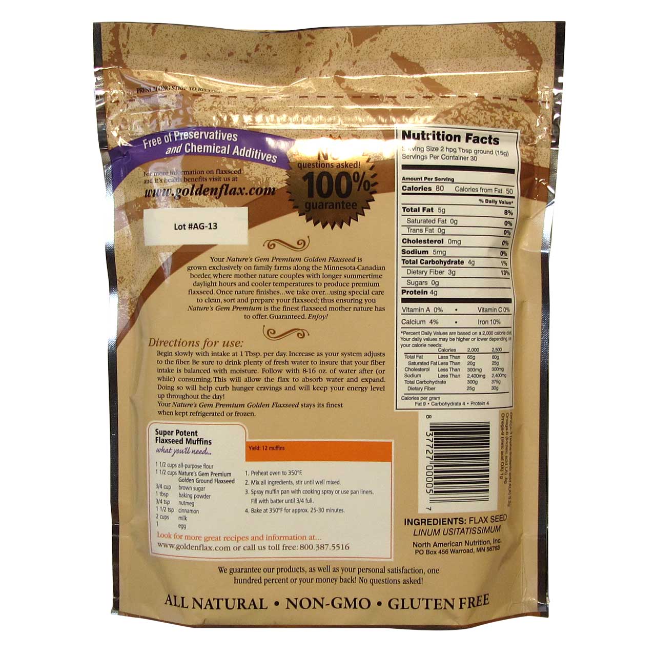 Back of Our Preservative and Chemical Free, Farm-to-Table Golden Flaxseed Bag